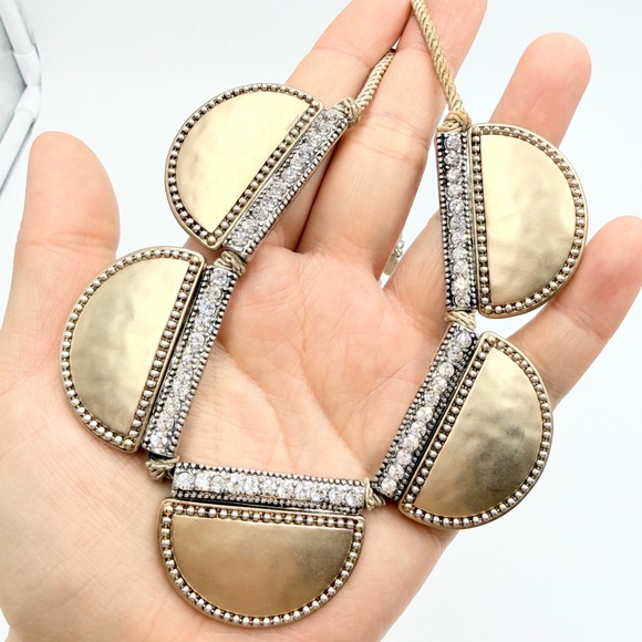 Chico’s Brushed Gold Rhinestone Statement Necklace Rope Chain Bib - Picture 9 of 12